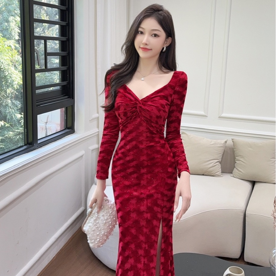 實拍長款金絲絨長袖打底禮服連衣裙