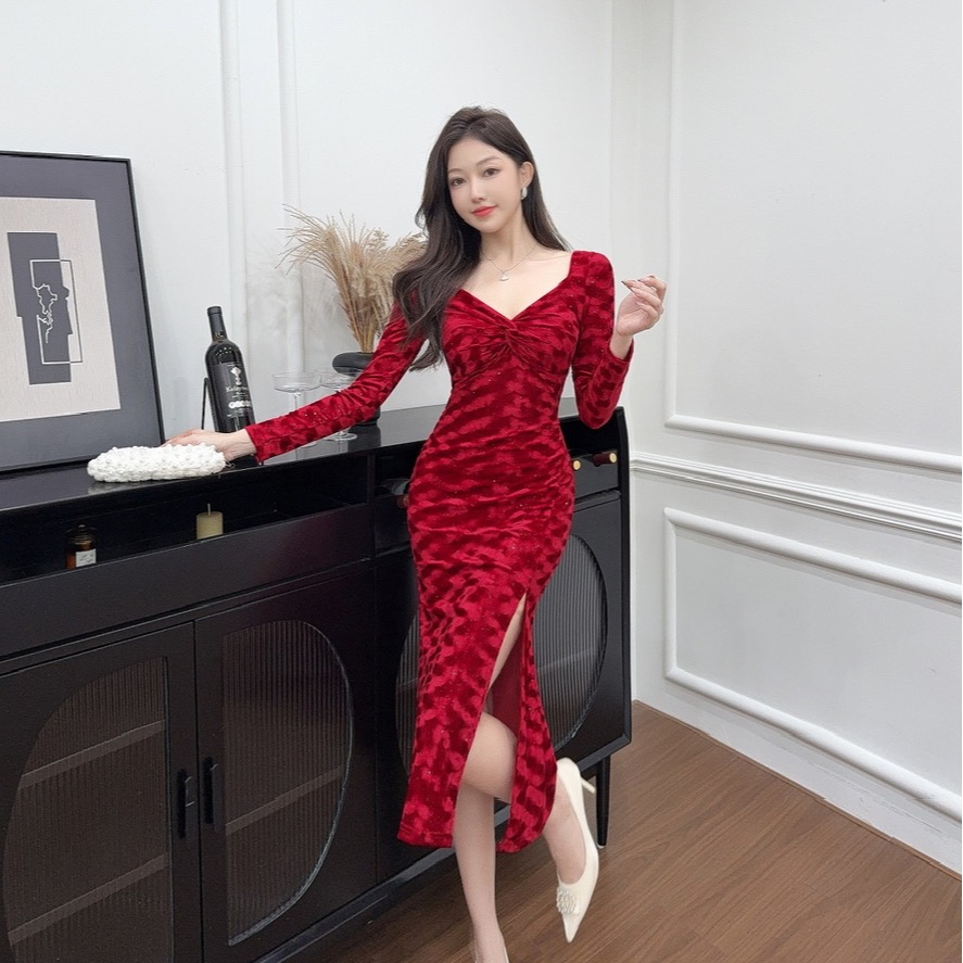 實拍長款金絲絨長袖打底禮服連衣裙