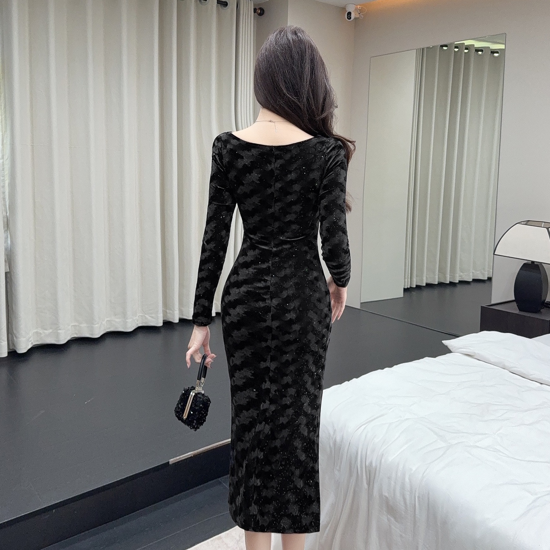 實拍長款金絲絨長袖打底禮服連衣裙