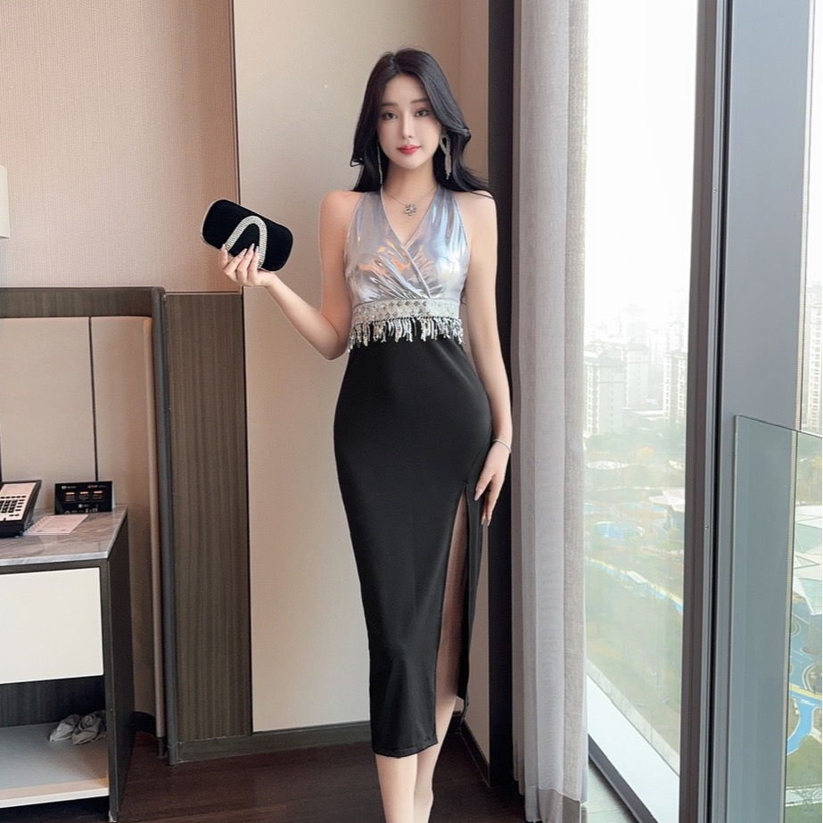 實拍低胸長款撞色拼接露北禮服連衣裙