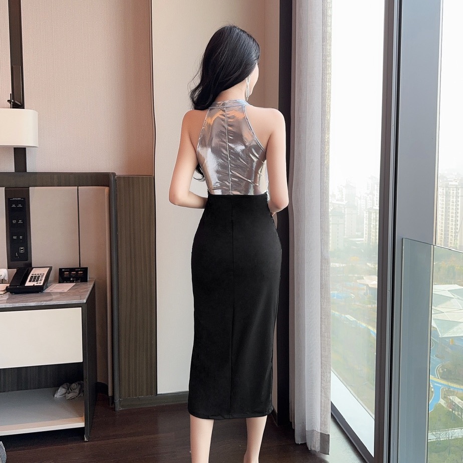 實拍低胸長款撞色拼接露北禮服連衣裙