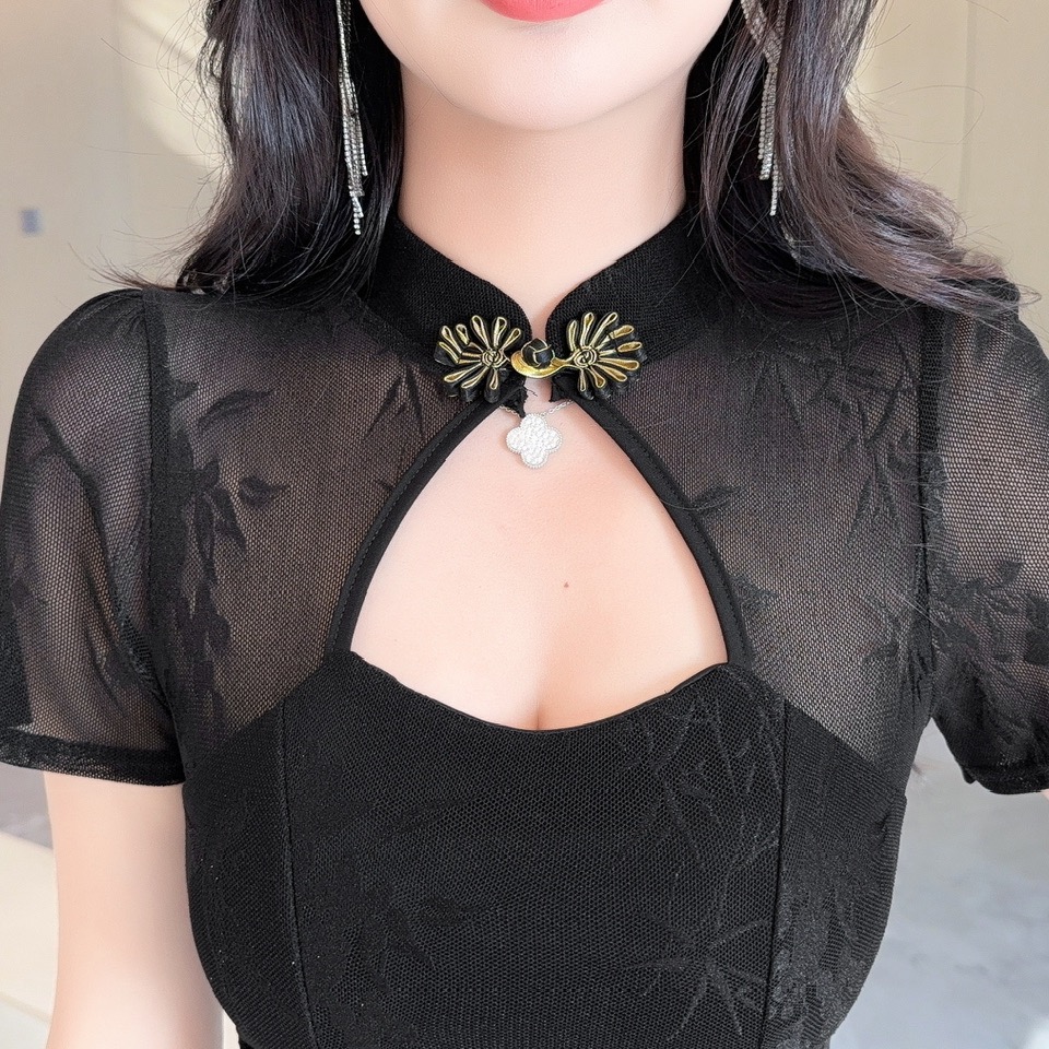 實拍長款改良旗袍禮服連衣裙短袖