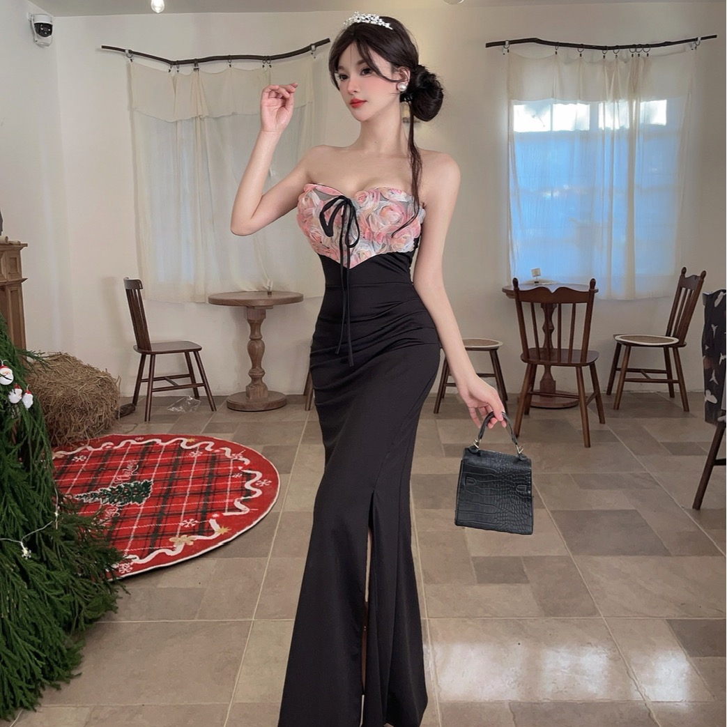 實拍性感低胸花朵拼接長款高開叉禮服連衣裙