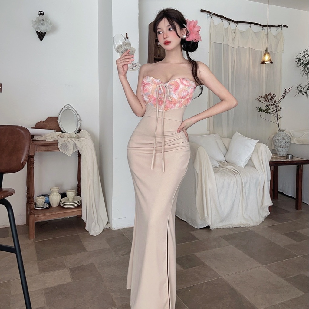實拍性感低胸花朵拼接長款高開叉禮服連衣裙