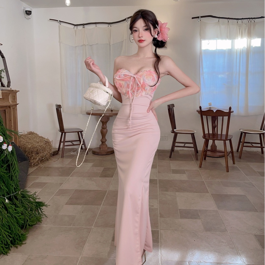 實拍性感低胸花朵拼接長款高開叉禮服連衣裙