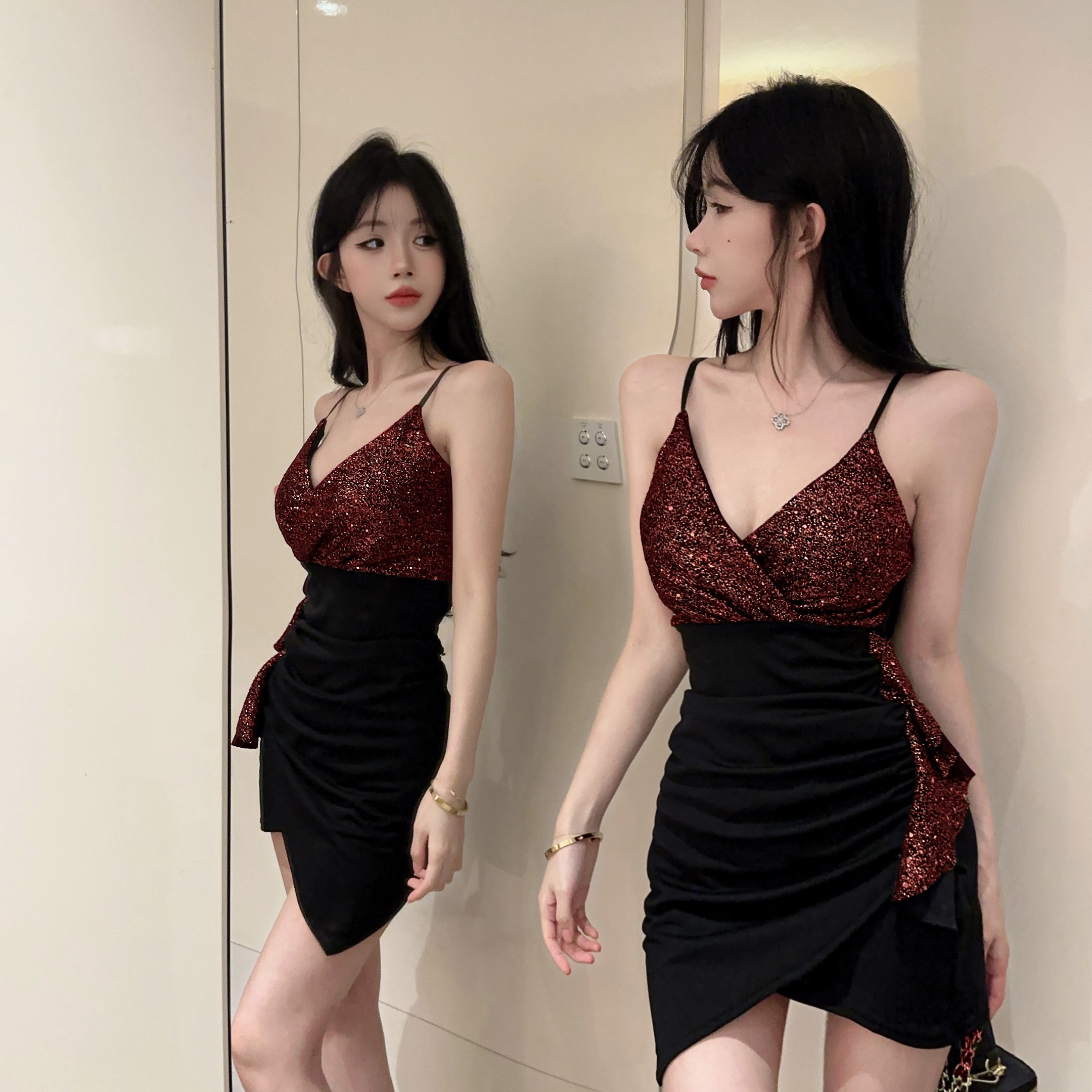 實拍低胸流蘇拼接短款吊帶打底連衣裙