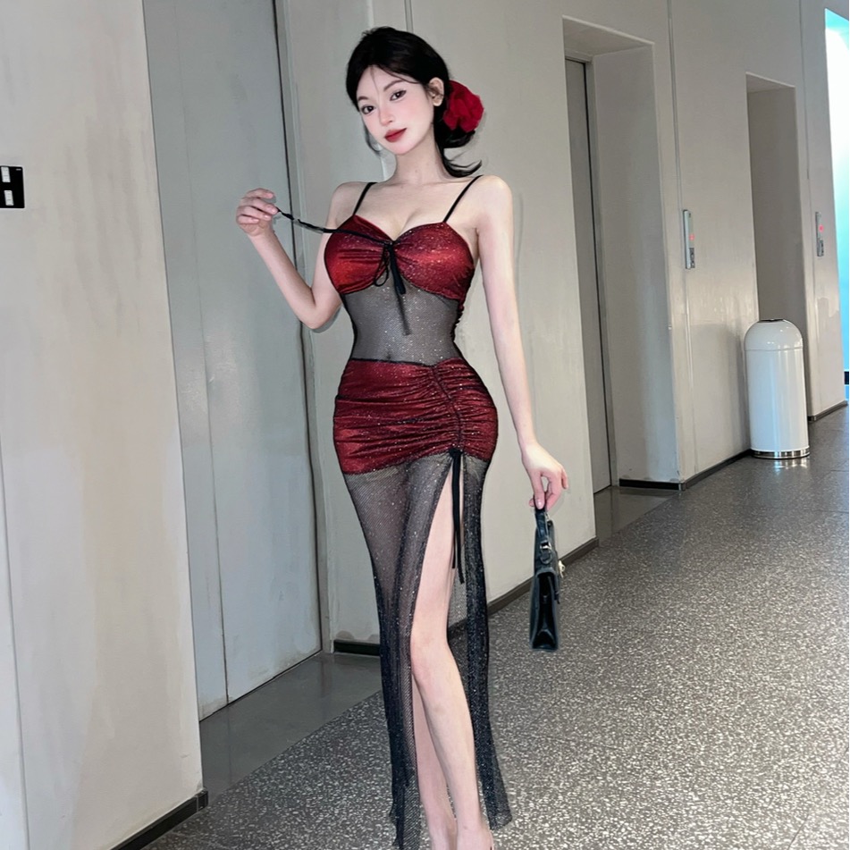 實拍性感低胸蕾絲半透拼接長款高開叉禮服吊帶連衣裙