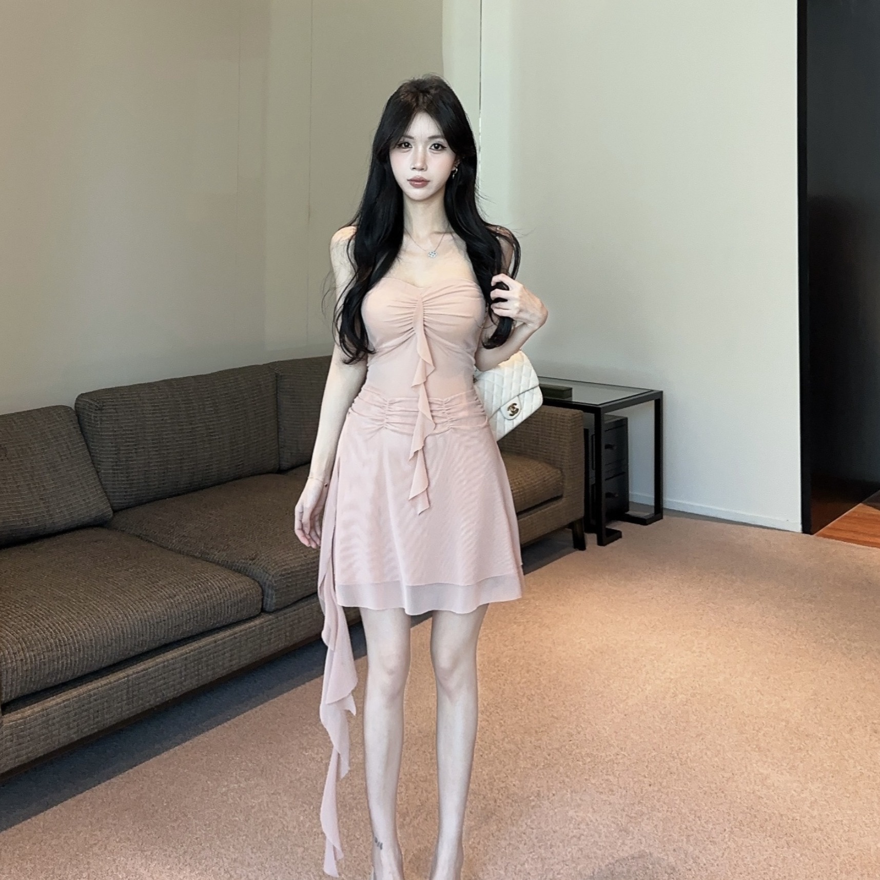 實拍低胸短款流蘇拼接收腰大擺A字裙