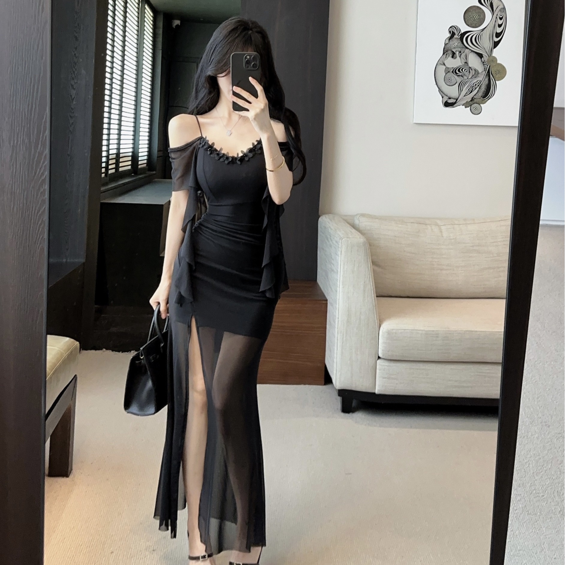 實拍低胸露肩吊帶花朵拼接露肩吊帶長款打底連衣裙