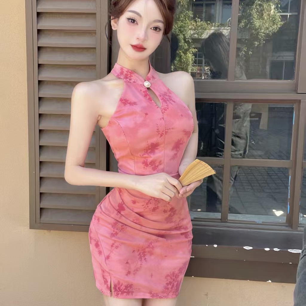 實拍低胸網紗植絨露肩改良短款旗袍連衣裙
