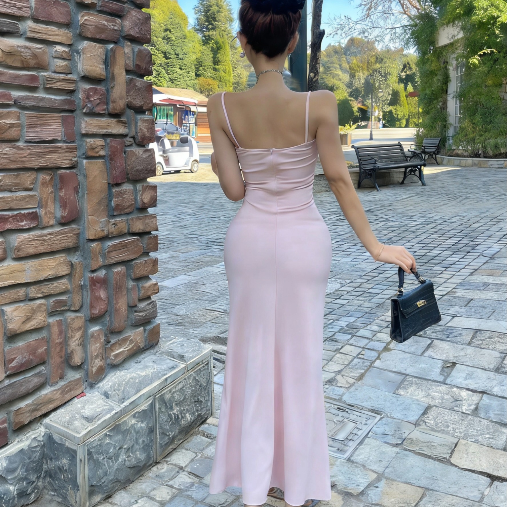 實拍低胸長款開衩吊帶性感連衣裙