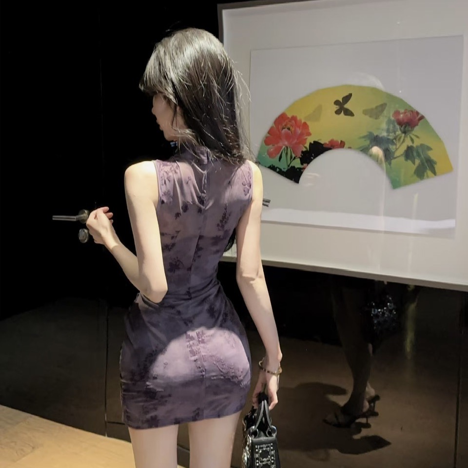 實拍改良旗袍無袖包臀短款打底緊身連衣裙