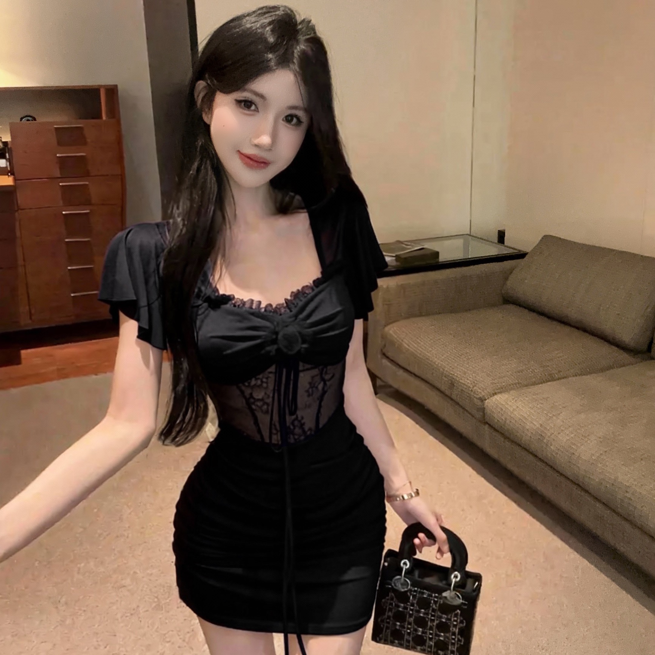 實拍性感短袖網紗緊身打底短袖連衣裙
