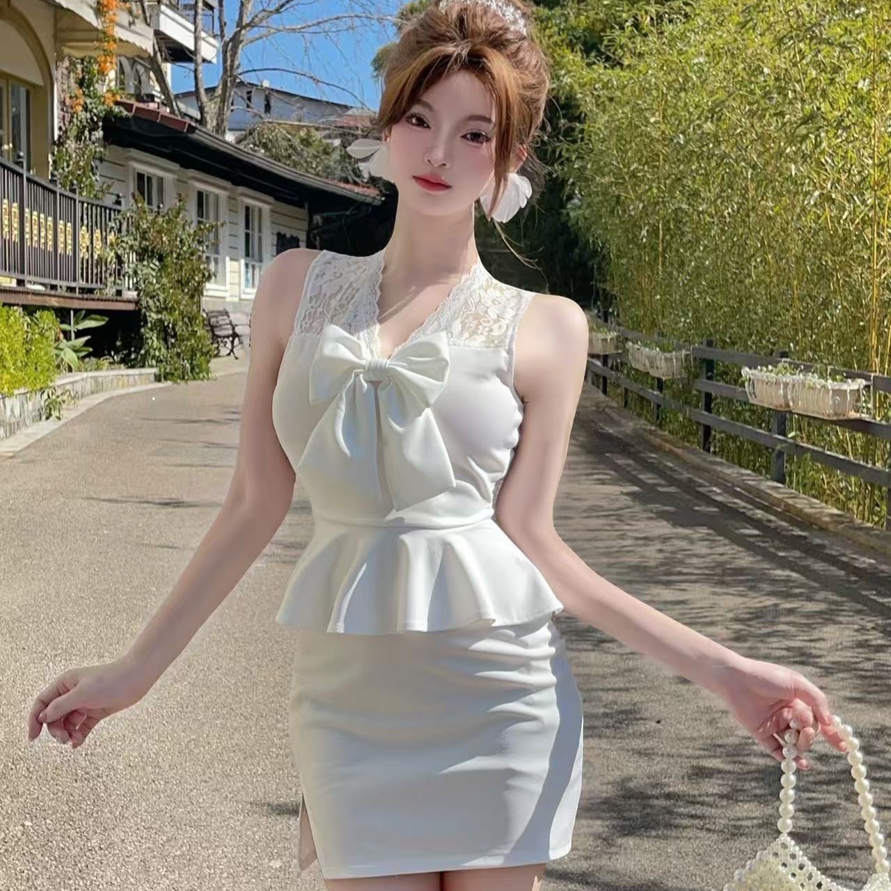 實拍性感無袖蕾絲拼接短款包臀打底連衣裙