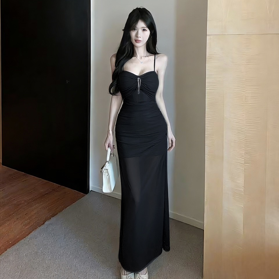 實拍低胸長款網紗吊帶打底連衣裙
