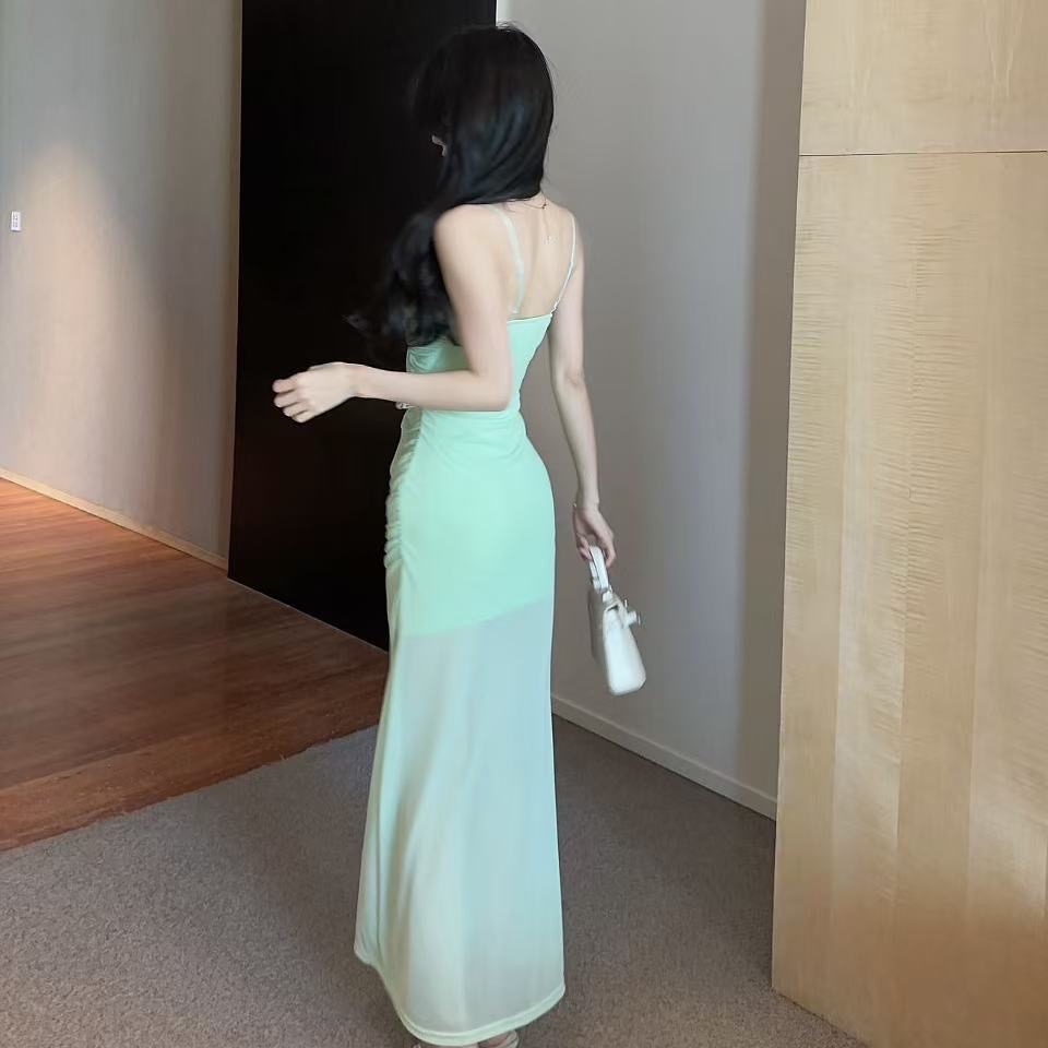 實拍低胸長款網紗吊帶打底連衣裙