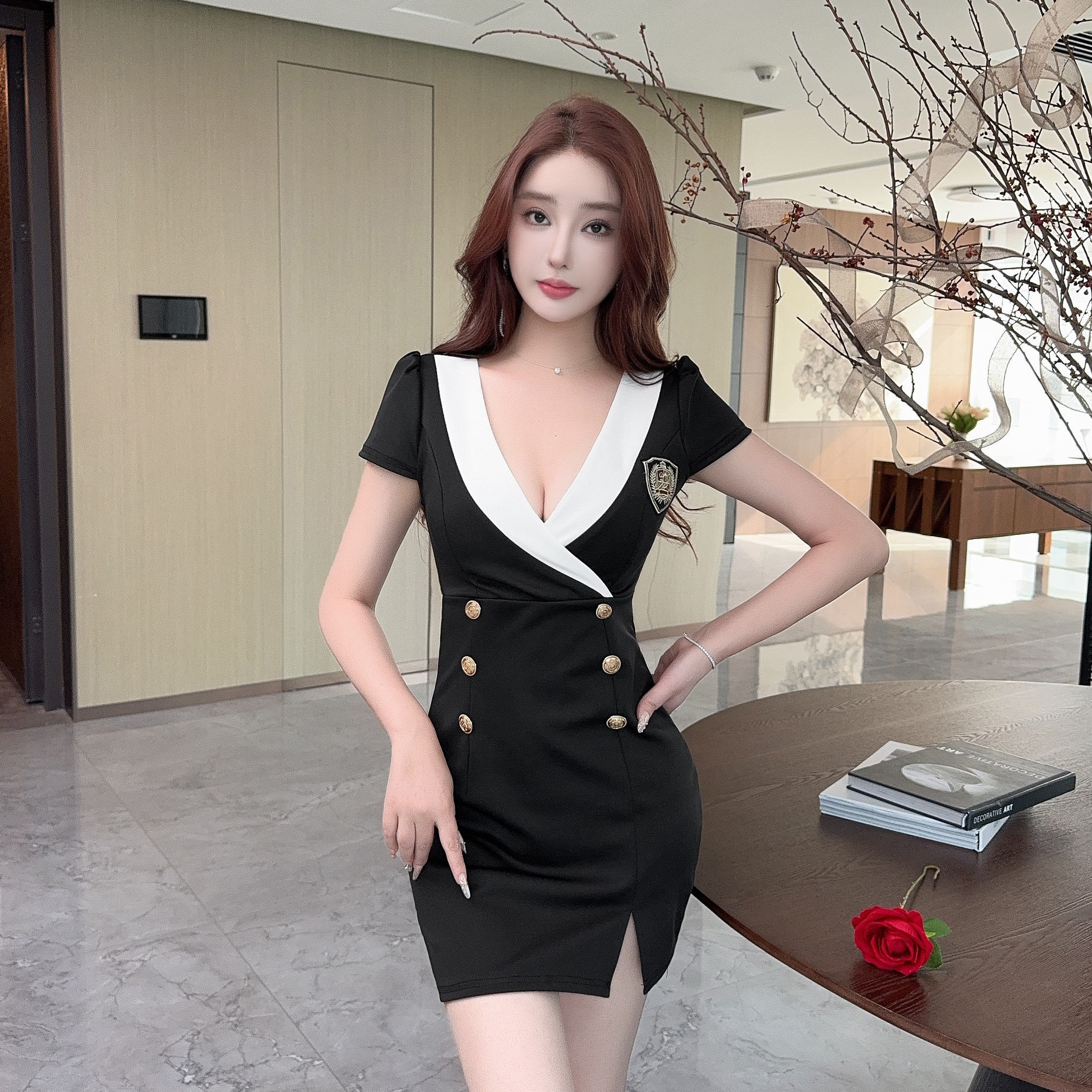 實拍性感v領撞色短袖工裝制服短款包臀連衣裙