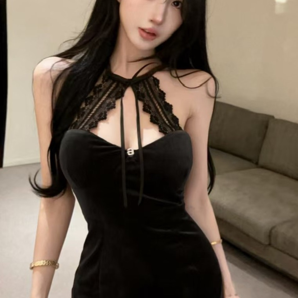 實拍性感低胸性感絲絨拼接蕾絲包臀短款打底連衣裙