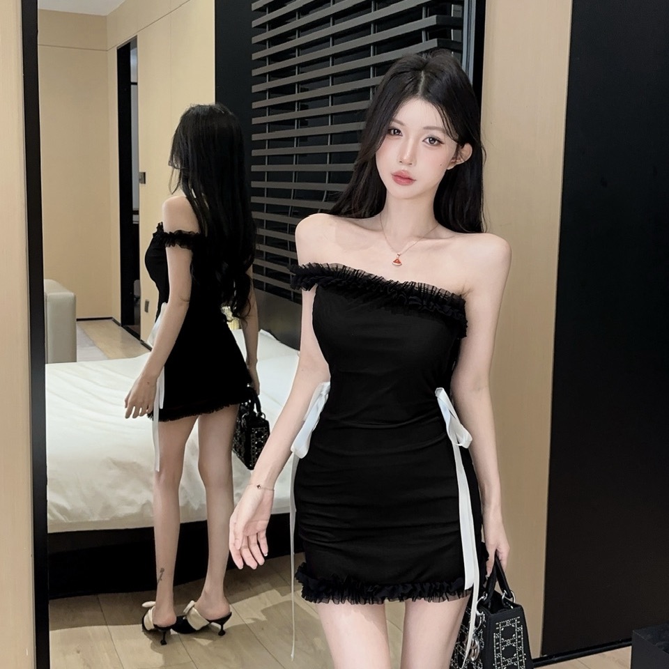 實拍性感低胸單肩包臀緊身打底連衣裙