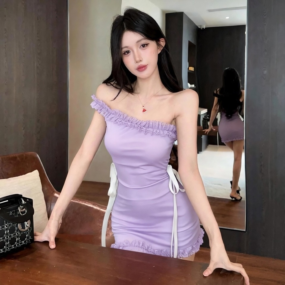 實拍性感低胸單肩包臀緊身打底連衣裙