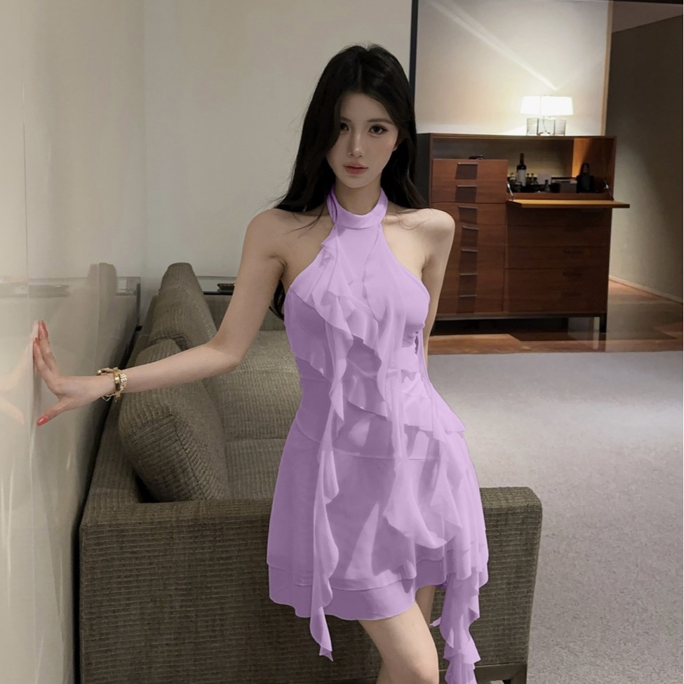 實拍性感低胸露肩網紗流蘇拼接打底短款連衣裙