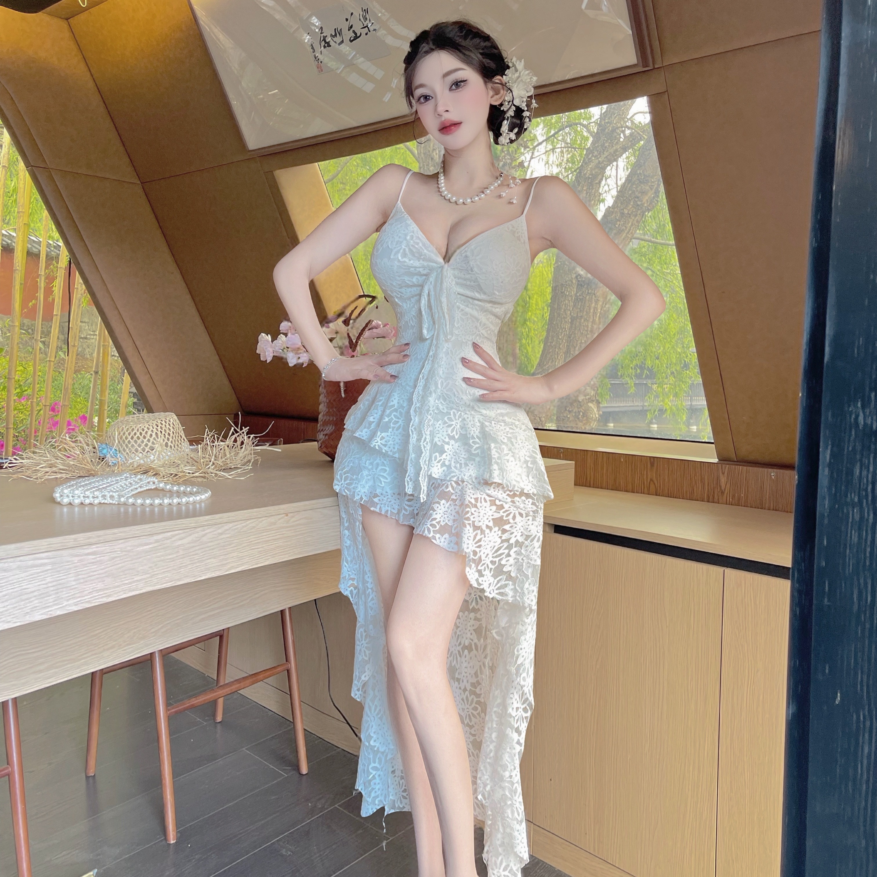 實拍性感長款不規則低胸蕾絲包臀吊帶打底連衣裙