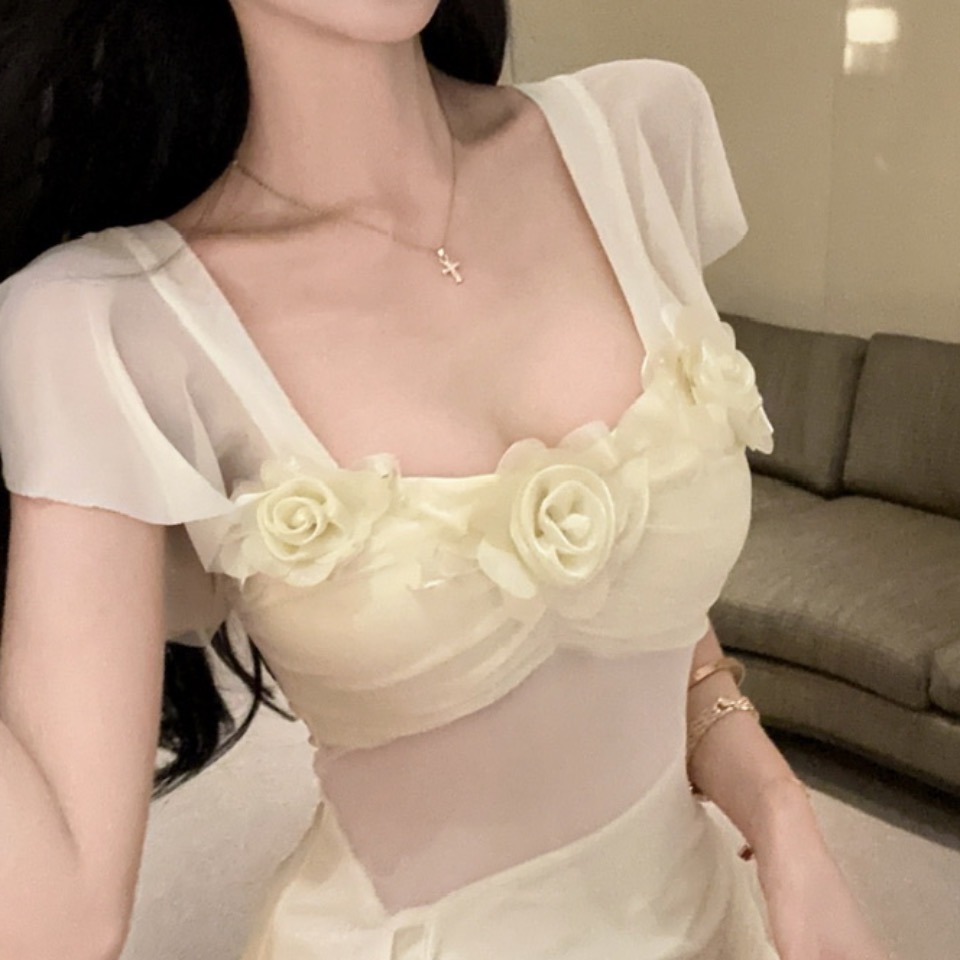實拍性感長款網紗花朵拼接吊帶打底連衣裙