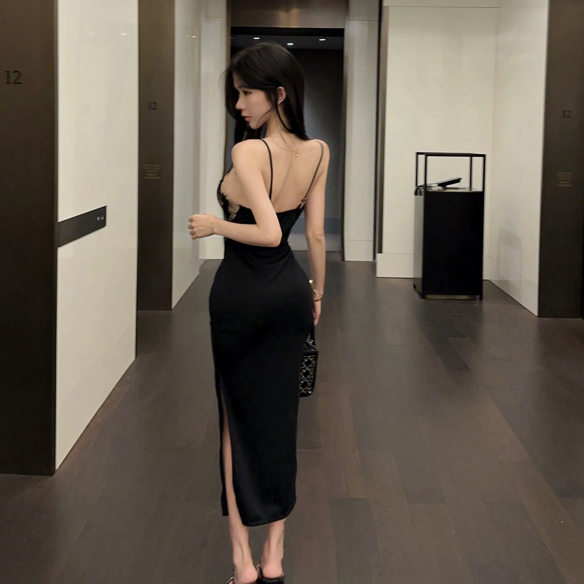 實拍性感低胸蕾絲長款吊帶連衣裙