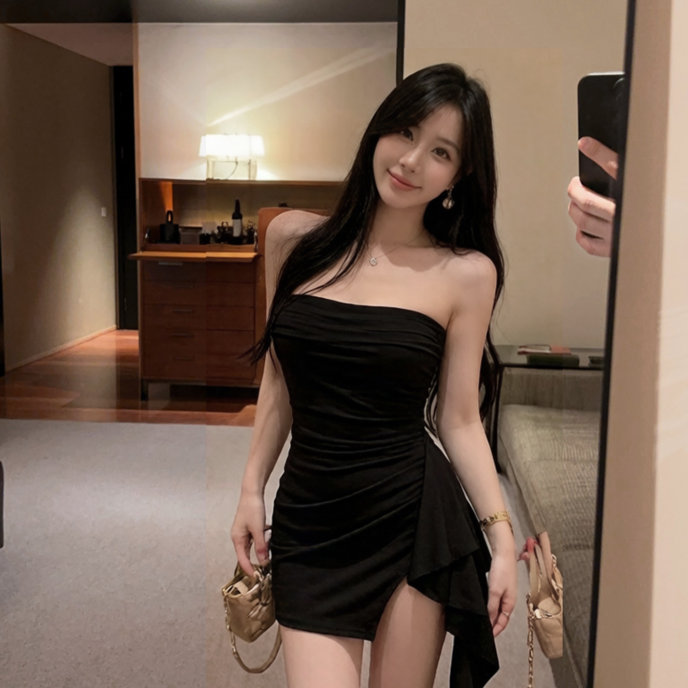 實拍性感短款包臀小黑裙抹胸不規則打底連衣裙