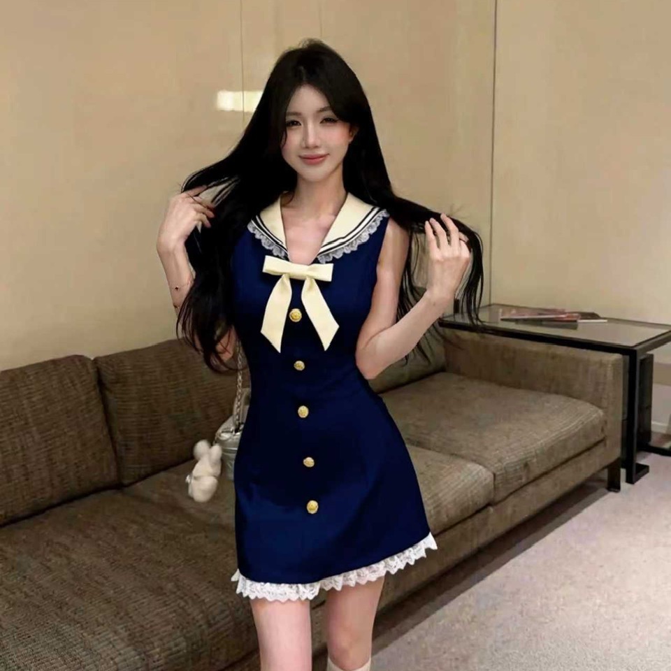 實拍性感制服工裝無袖翻領撞色短款連衣裙