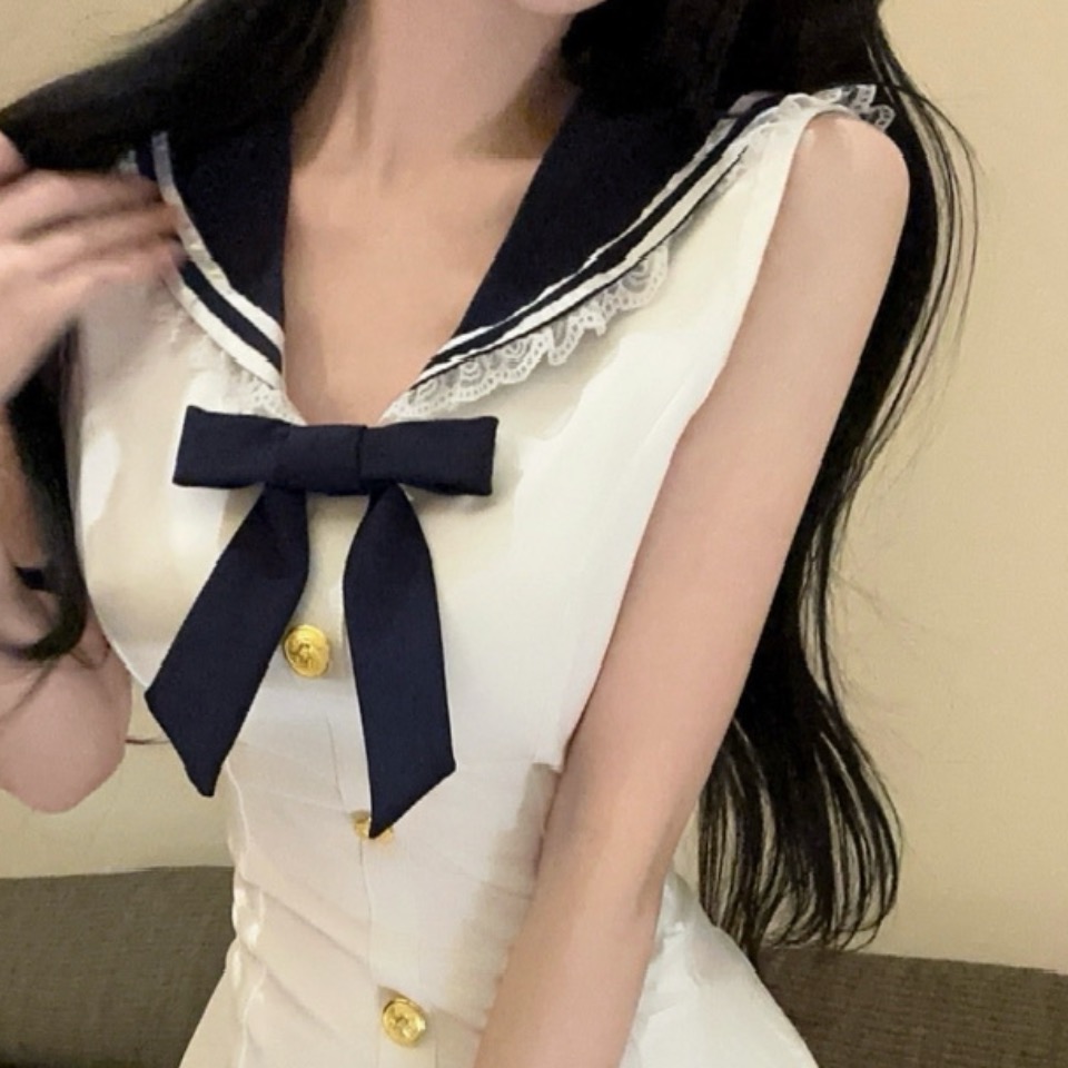 實拍性感制服工裝無袖翻領撞色短款連衣裙