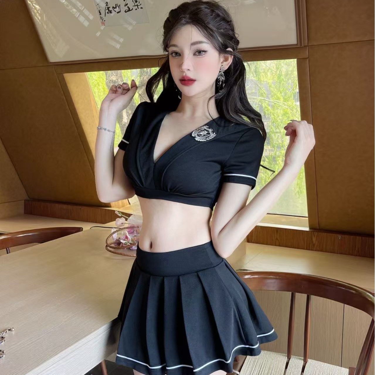 實拍性感低胸露腰制服風格兩件套 不單賣 不單退