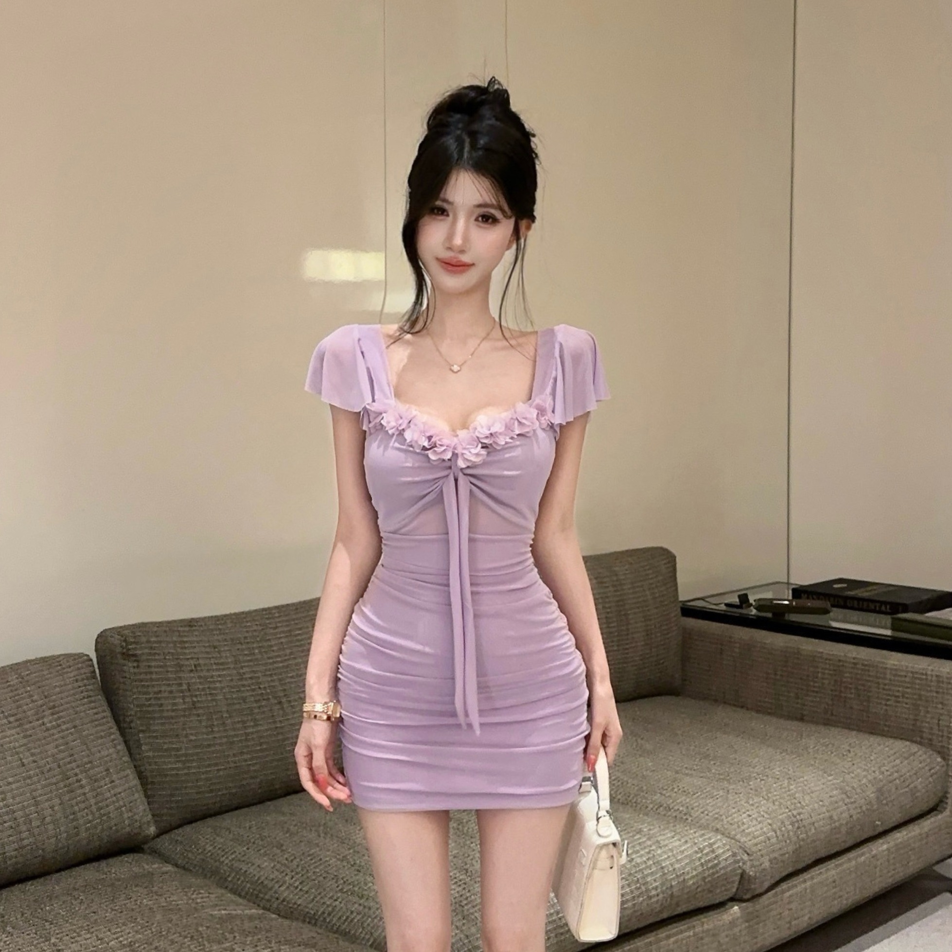實拍性感低胸花朵拼接短袖包臀打底連衣裙