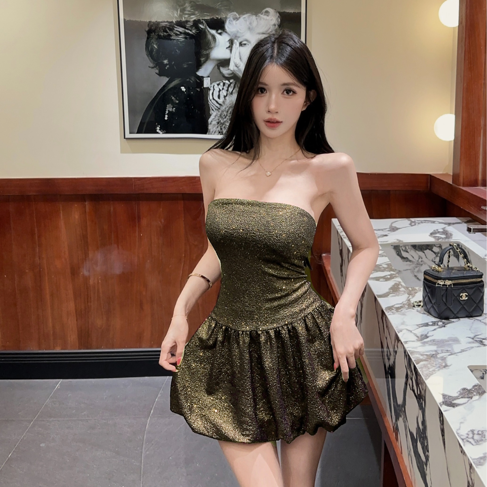 實拍性感抹胸花苞裙短款打底連衣裙