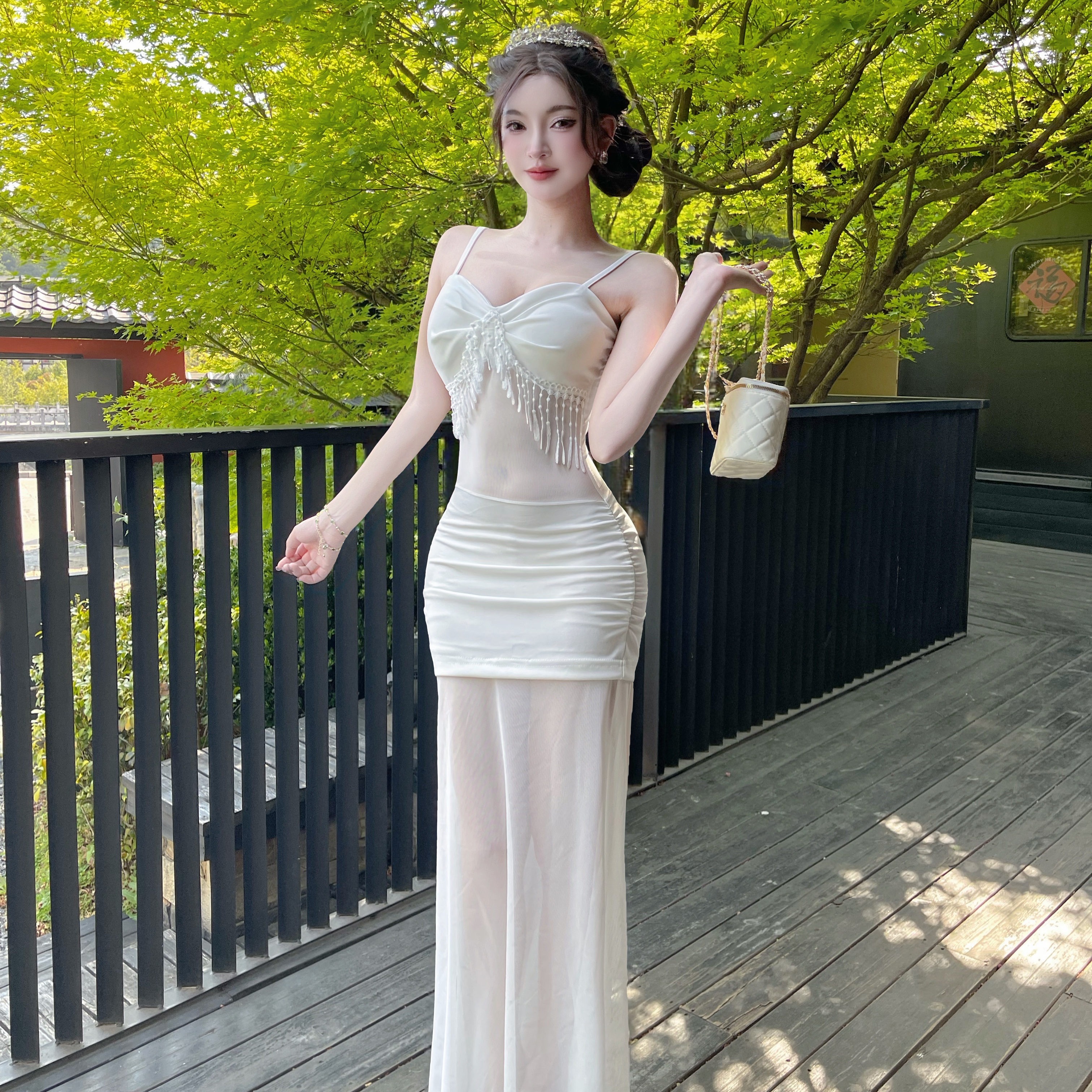 實拍性感低胸半透明網紗長裙