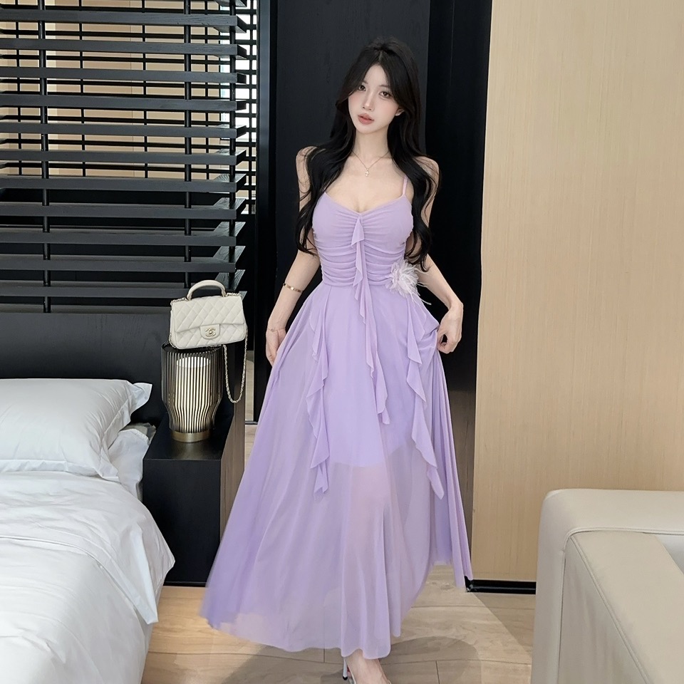 實拍性感低胸花朵拼接網紗長款連衣裙吊帶