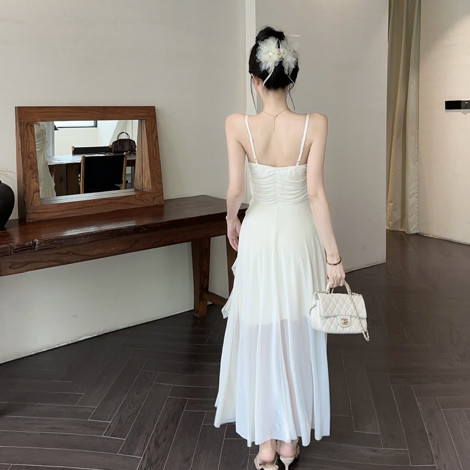 實拍性感低胸花朵拼接網紗長款連衣裙吊帶