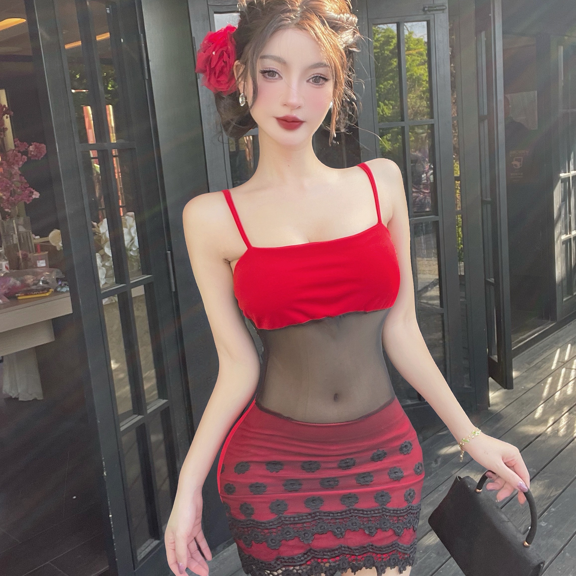 實拍性感低胸露背透視網紗抽繩吊帶連衣裙