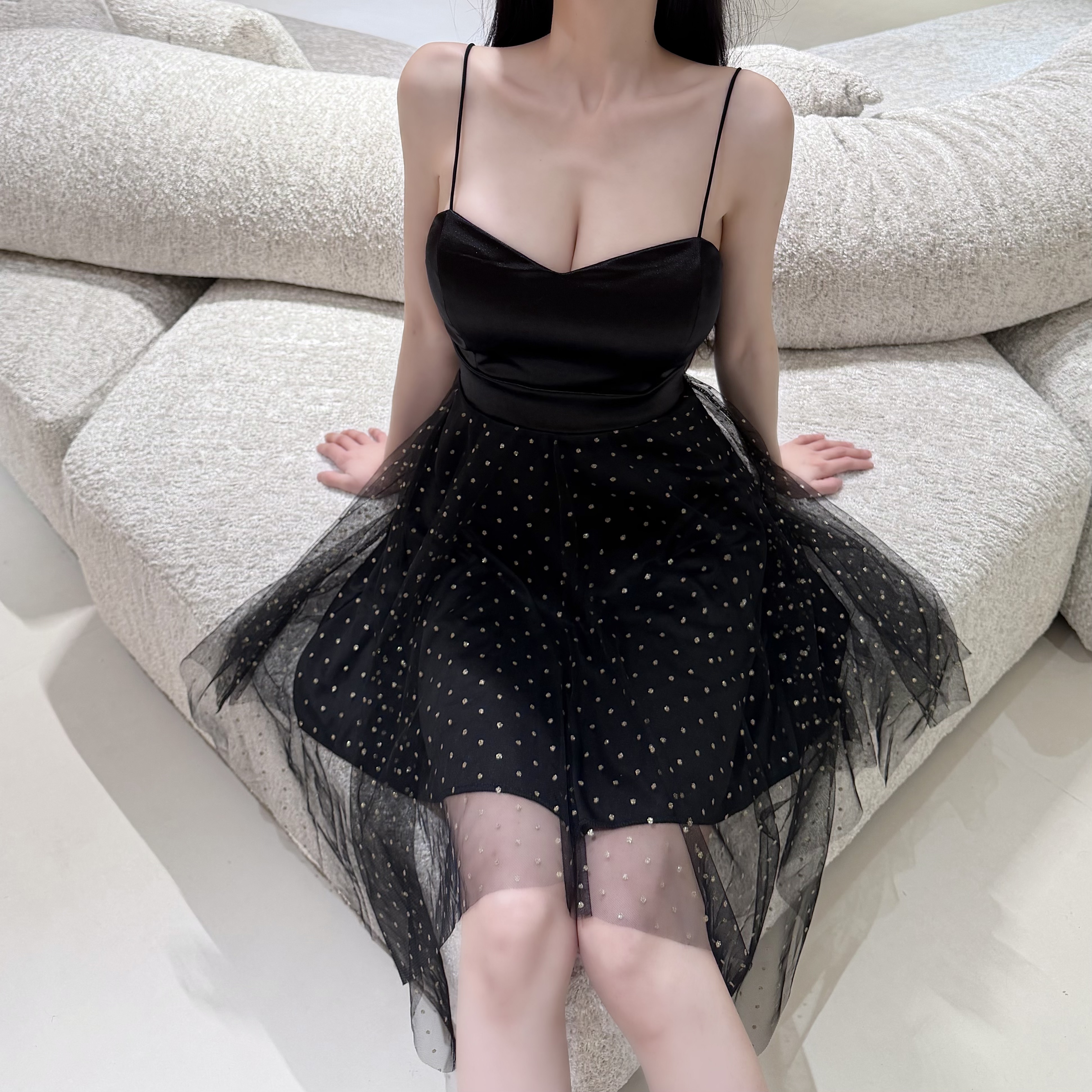 實拍性感低胸網紗拼接吊帶連衣裙