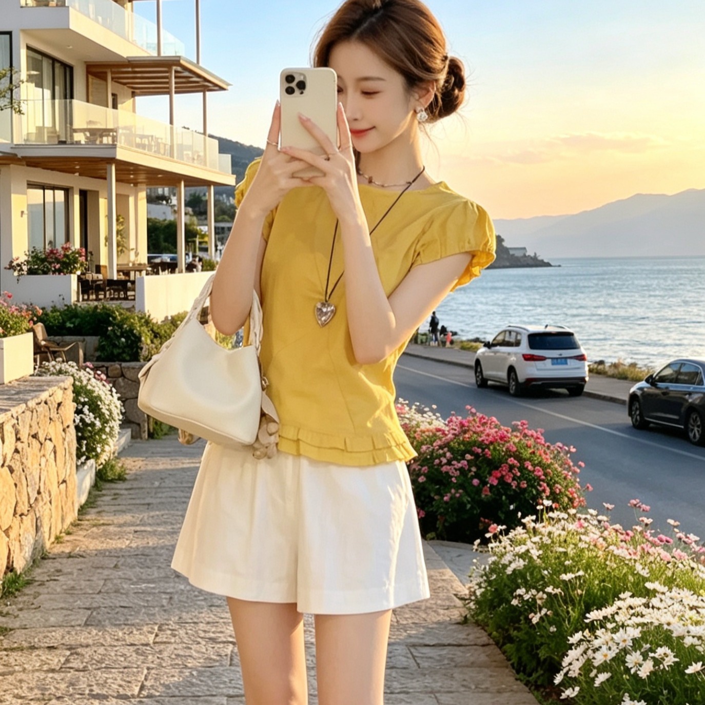 RY3248# 法式圆领短袖衬衫女2026夏新款设计感小众清新气质减龄纯色上衣潮