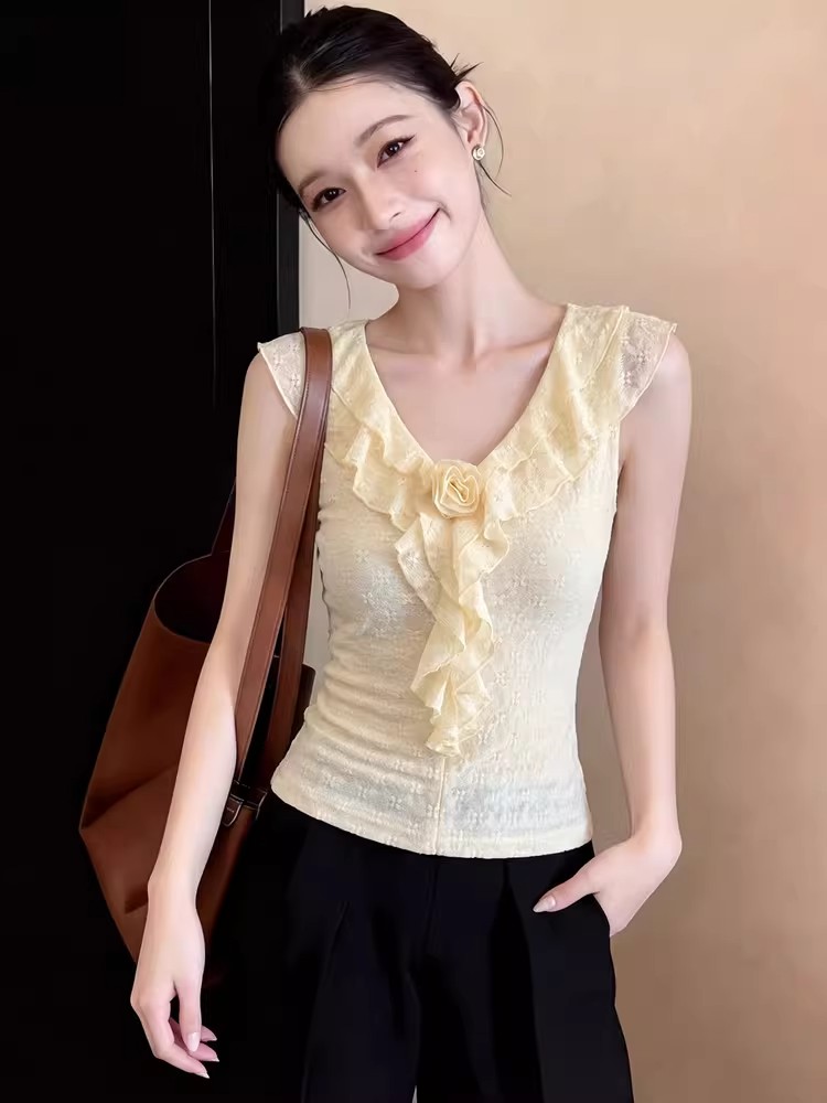 RY3298# 杏色荷叶边上衣夏季2026新款气质独特设计感漂亮简约修身无...