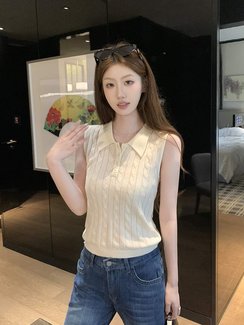 實拍~麻花紋翻領無袖針織馬甲女2026春夏新款半開扣修身顯瘦上衣