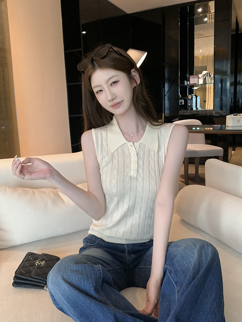 實拍~麻花紋翻領無袖針織馬甲女2026春夏新款半開扣修身顯瘦上衣