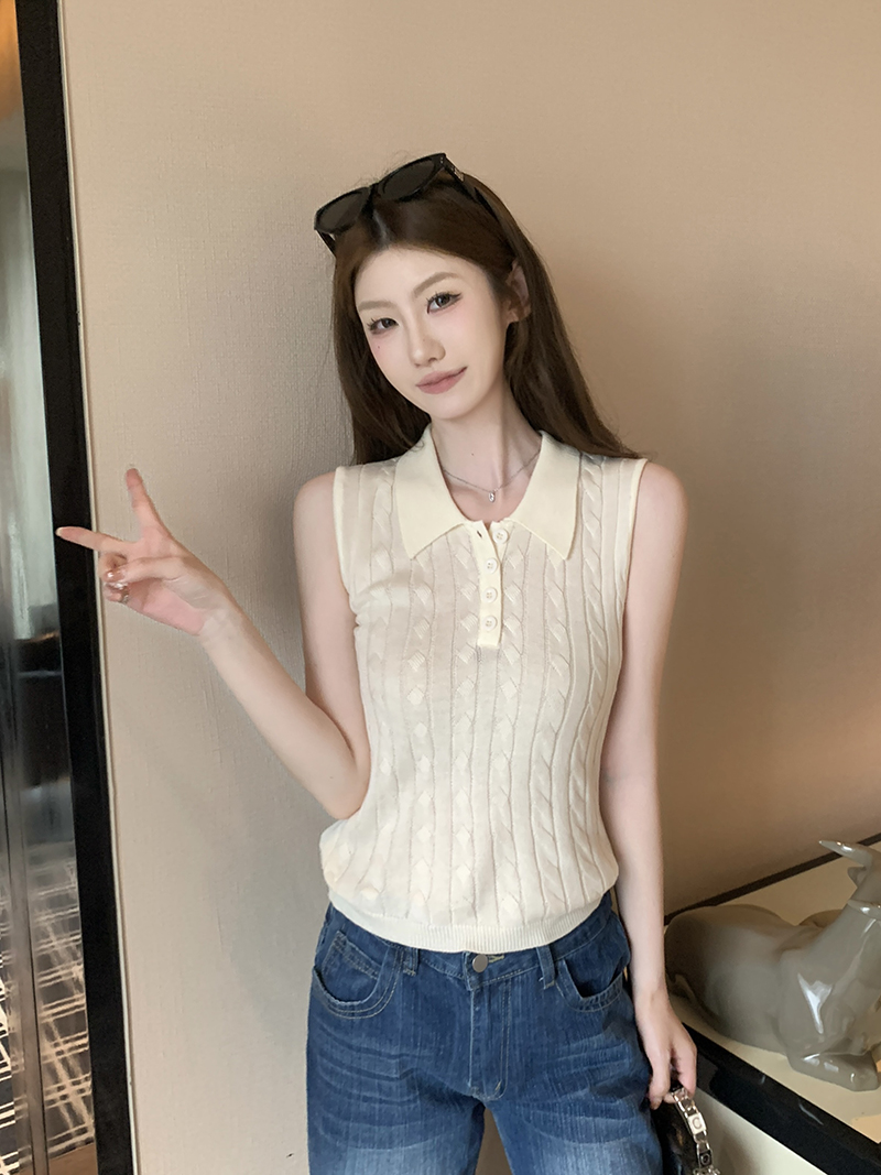 實拍~麻花紋翻領無袖針織馬甲女2026春夏新款半開扣修身顯瘦上衣