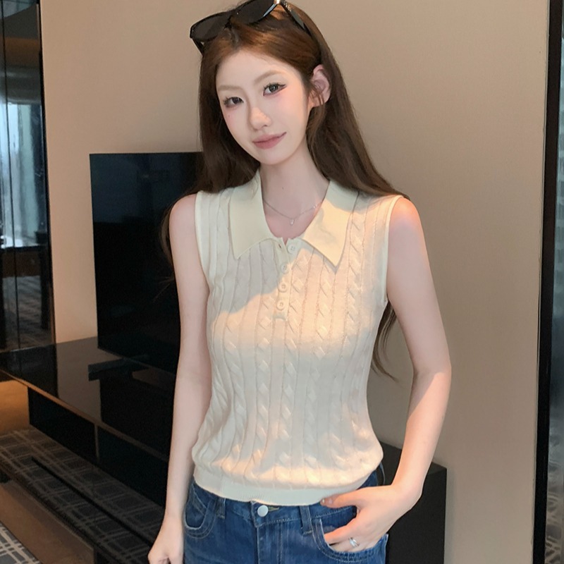 實拍~麻花紋翻領無袖針織馬甲女2026春夏新款半開扣修身顯瘦上衣