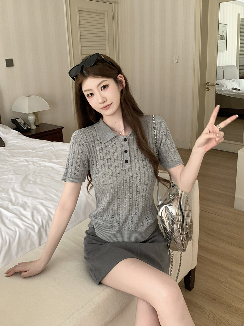 實拍~麻花紋翻領短袖針織衫女2026春夏新款半開扣修身顯瘦上衣