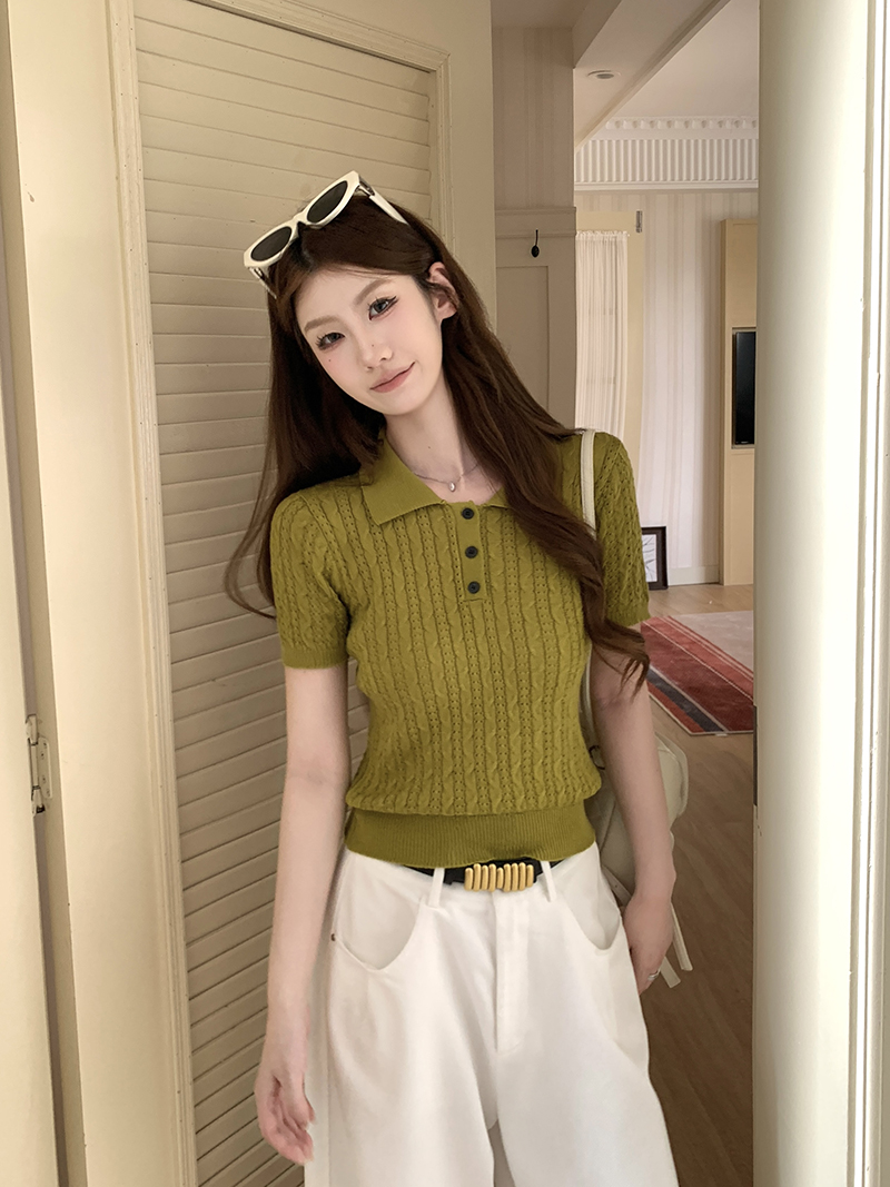 實拍~麻花紋翻領短袖針織衫女2026春夏新款半開扣修身顯瘦上衣