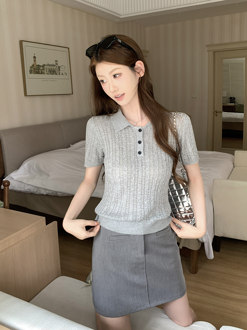 實拍~麻花紋翻領短袖針織衫女2026春夏新款半開扣修身顯瘦上衣