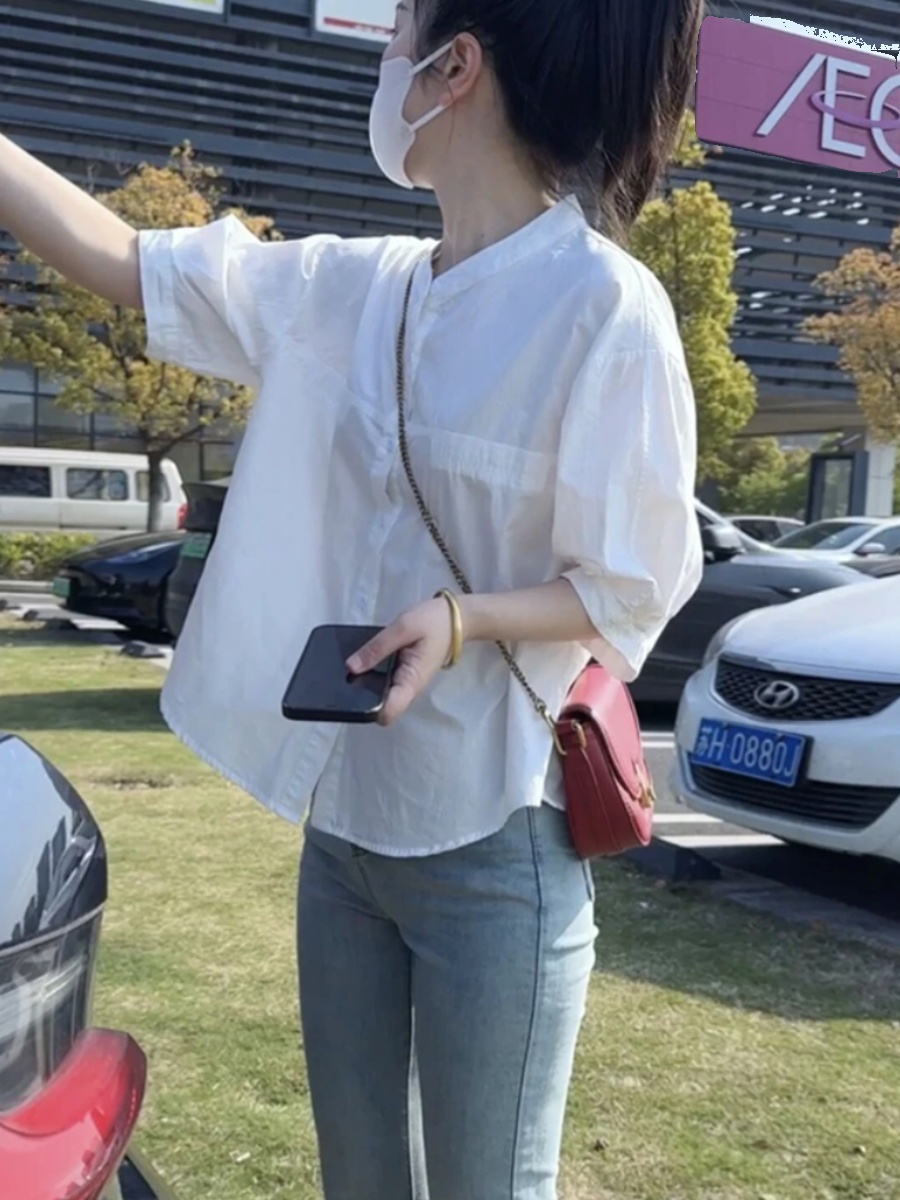 BY9176#小圆领短袖衬衫夏季简约百搭宽松衬衣纯棉遮肉韩版半袖上衣潮