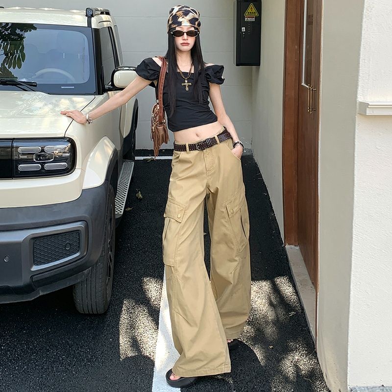 绝绝弛感做旧大口袋全棉直筒工装裤女宽松阔腿休闲裤牛仔裤